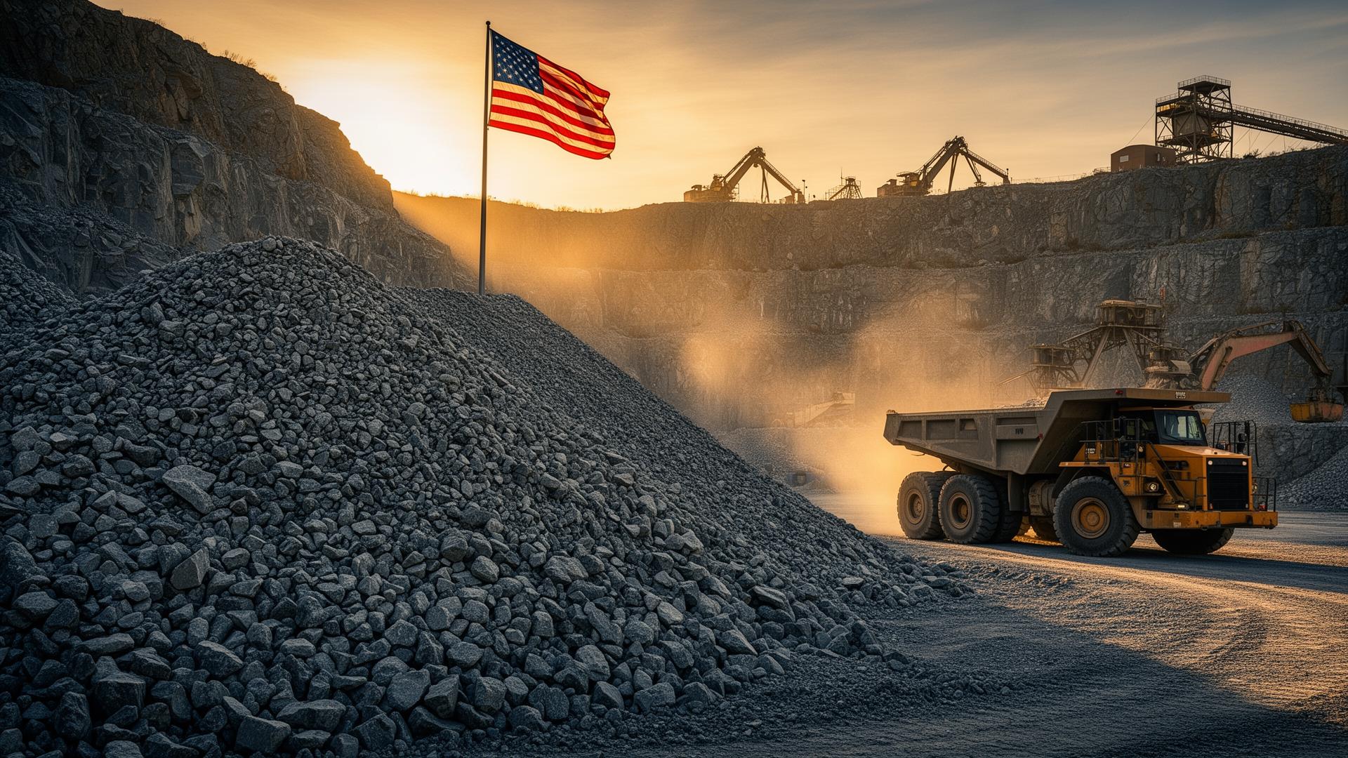 American flag flying above a quarry of crushed stone